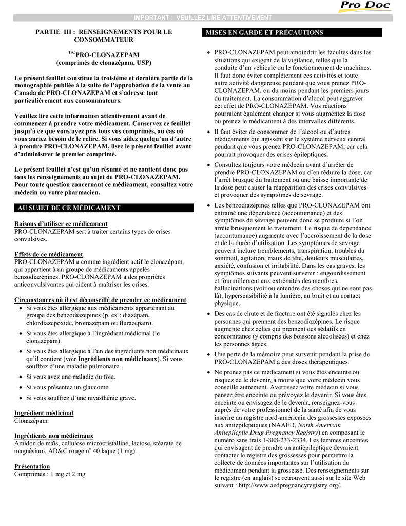 Prix pour clonazépam
